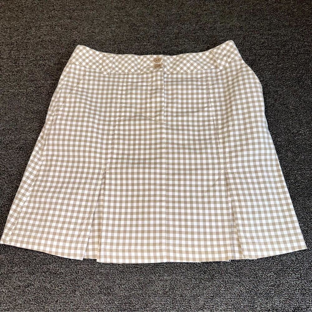 NVO by Lanctot Golf Skort Skirt Womens 4 Beige White Gingham Stretch Pockets